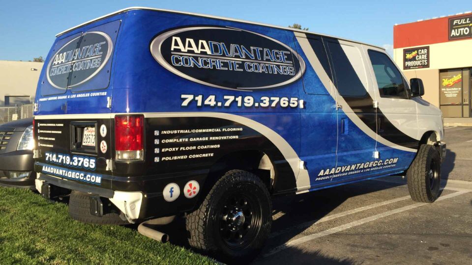 Custom Ford Econoline Van Wrap with large company logo, list of services and social media icons