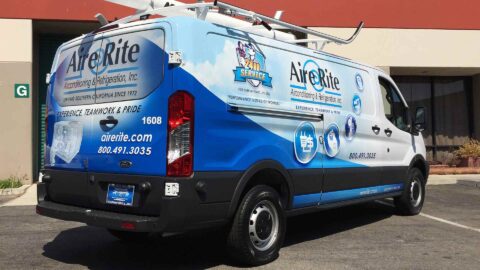 Blue tone and gradient full size Ford Van Wrap for Aire Rite AC showcasing services and logo