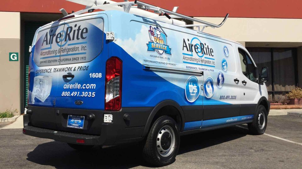 Blue tone and gradient full size Ford Van Wrap for Aire Rite AC showcasing services and logo