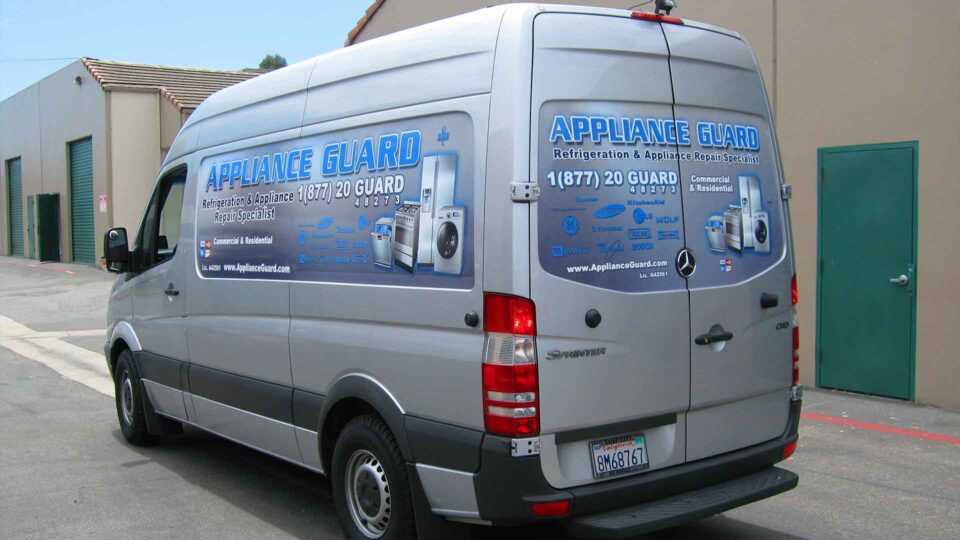 Sprinter windows wrapped with Appliance Guard logo and images of appliances and brands