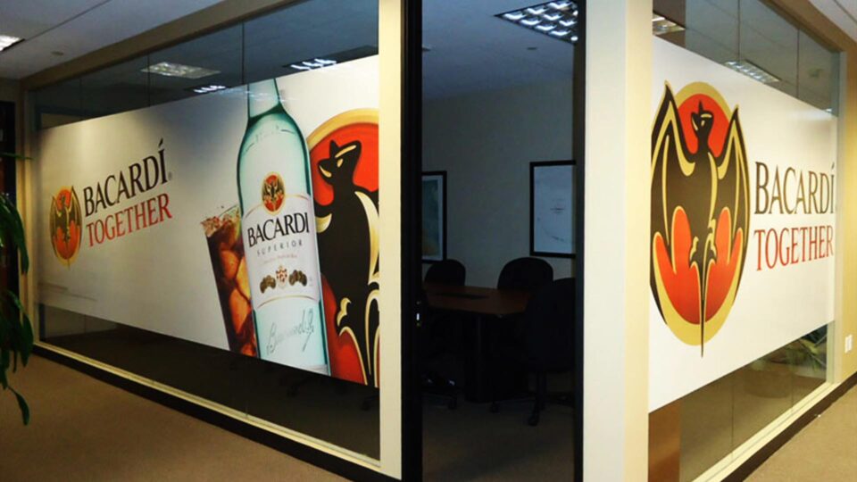 Perforated window graphics featuring Bacardi rum bottle and logo
