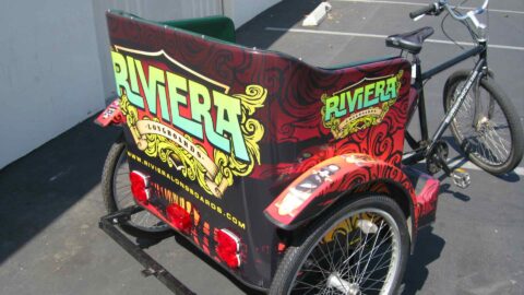 Bicycle with colorful vinyl rickswaw wrap for Riviera Skateboards.