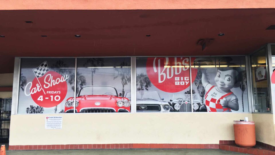 Black and white background images and Big Boy character in red for Bobs Big Boy window graphics
