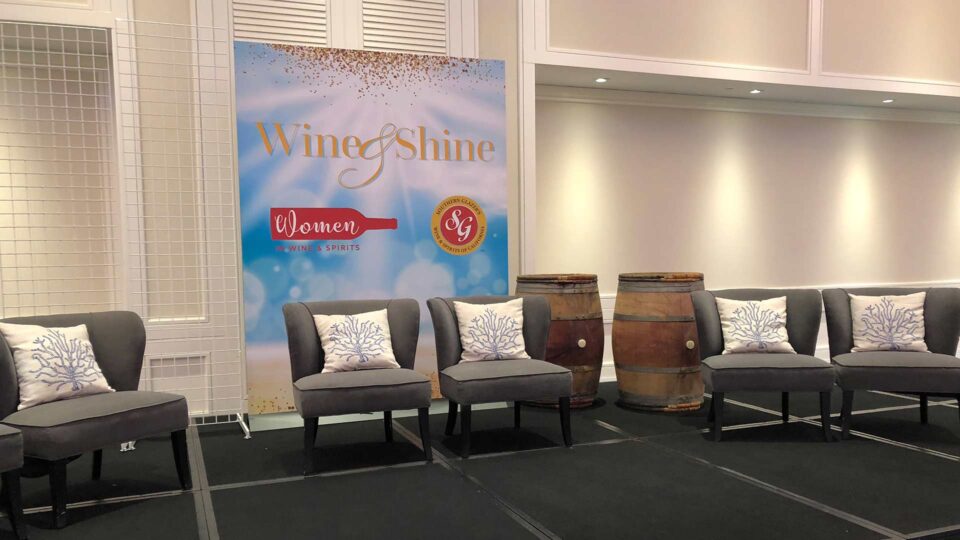 Gator print wall with sky and cloud backdround and Wine & Shine in Gold for special event