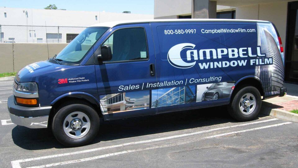 Full van wrap showing images of window tinting for Campbell Window Film