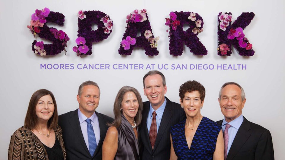 White wall with floral letters that say Spark and 3 couples posing in front for event