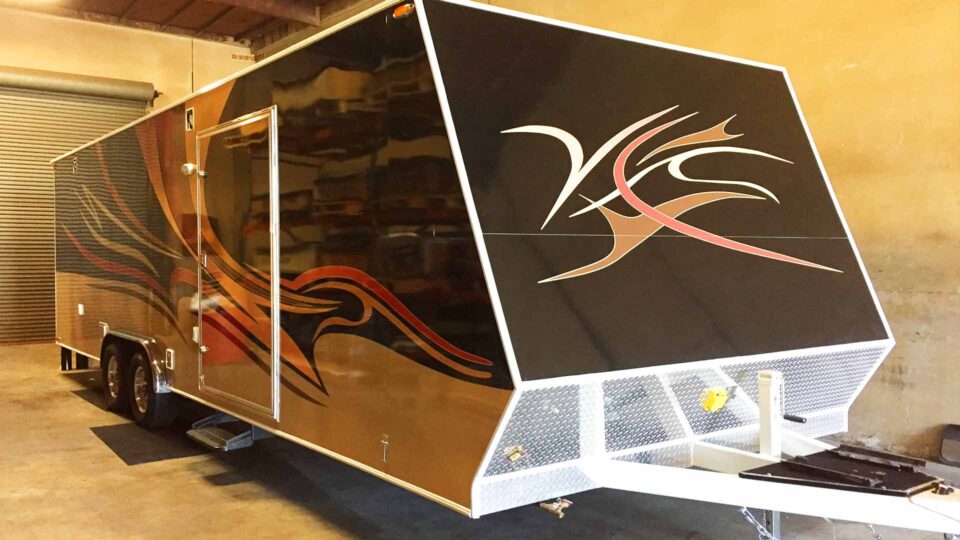 Black, red, white and gray tribal full trailer wrap