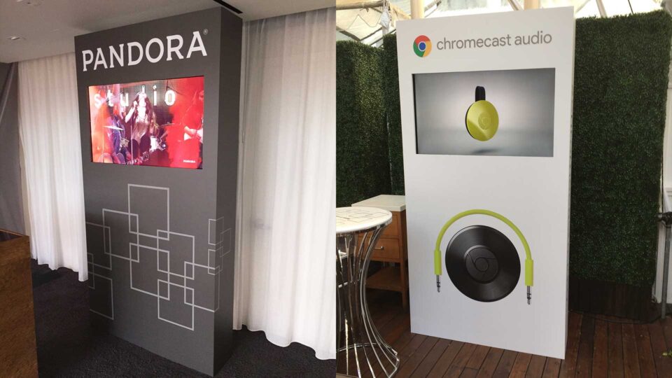 Gray and white gatorboard pandora tv display and white chromecast audio tv display for event