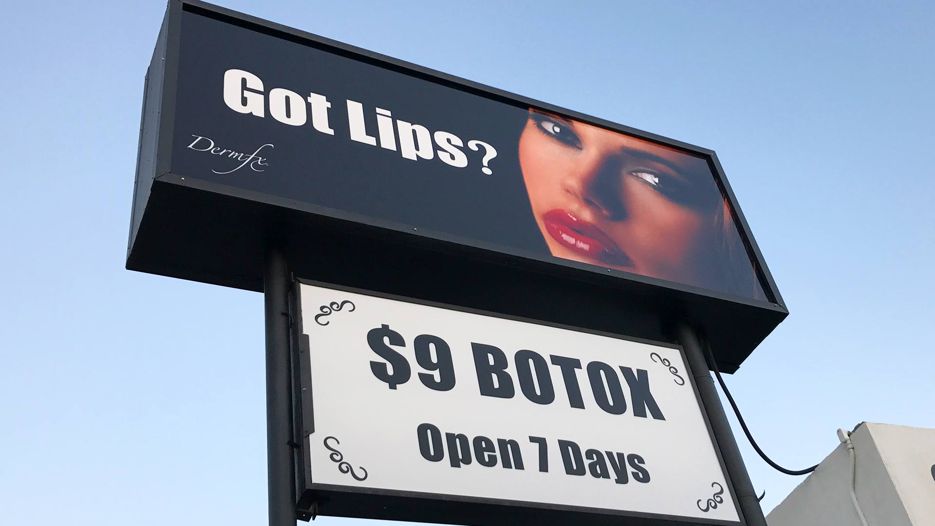 Acrylic Sign with black background, a female face with make up and red lips and white text saying "got lips?"