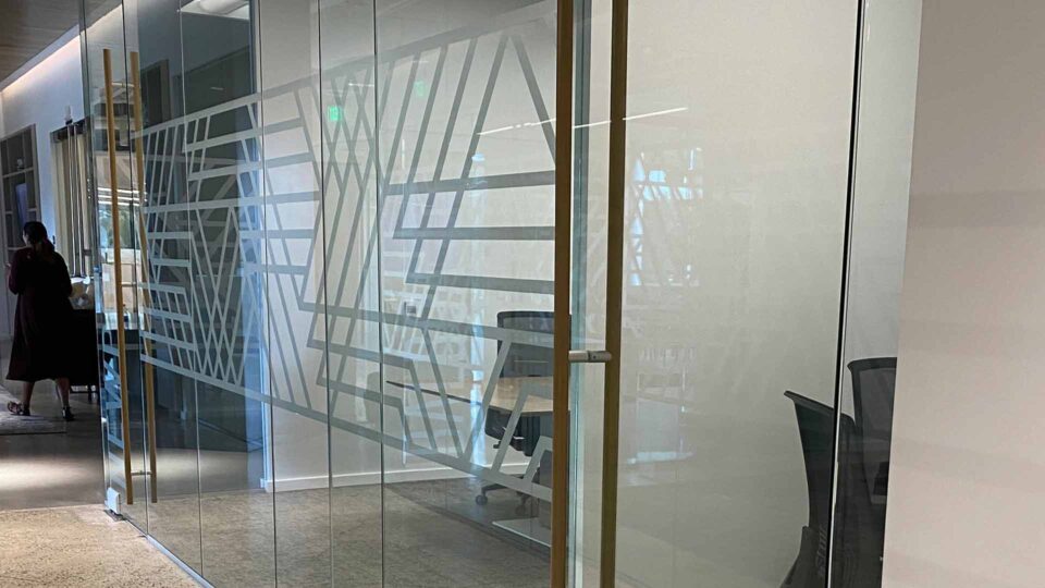 interior glass with frosted geometric frosted vinyl stripes