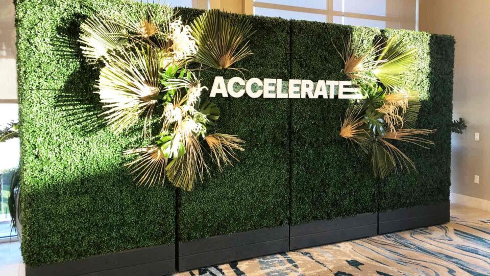 Photo display wall with greenery, palm leaves and router cut ACCELERATE white logo