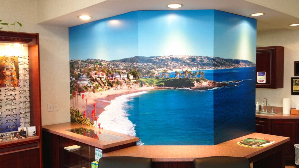 foamboard retail display with image of Catalina island beach and houses