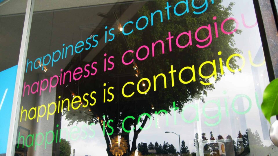 Blue, Pink, Yellow and Green die cut window decals that say "happiness is contagious"