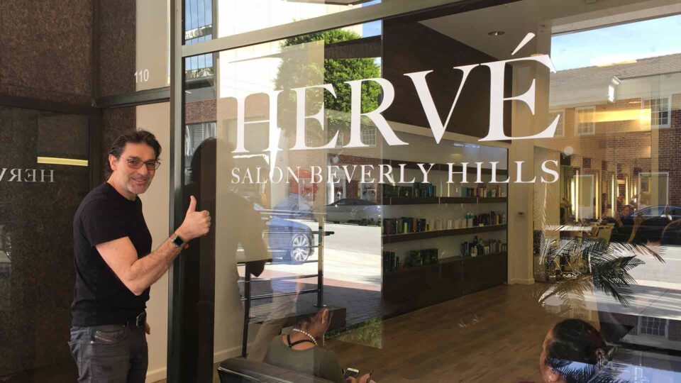 White die cut window decals for Herve Salon of Beverly Hills