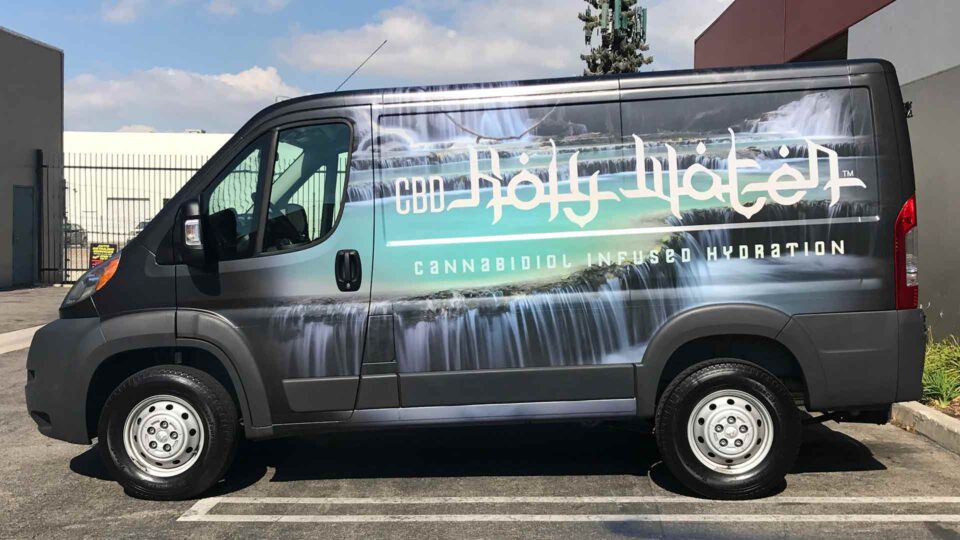 Dodge Promaster wrap with waterfall image for Cannabidiol infused Hydration