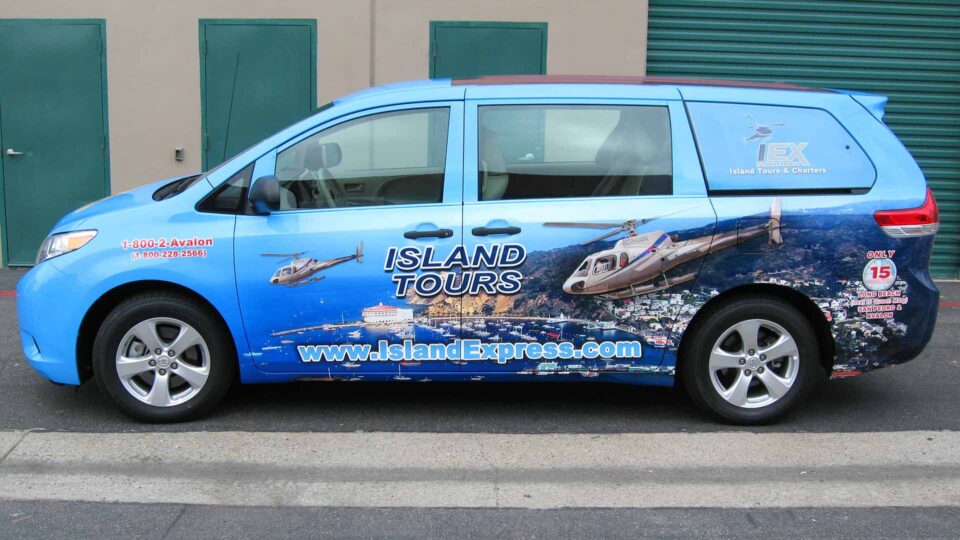 Blue Sienna wrap with image of helicopter flying over Catalina Island
