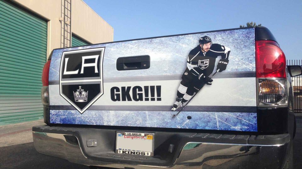 Truck tailgate wrap with ice and nhl hockey player