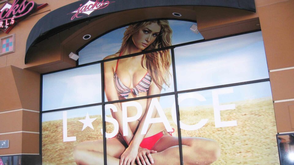 Large solid window graphic of girl in bikini on beach with Lspace logo in white