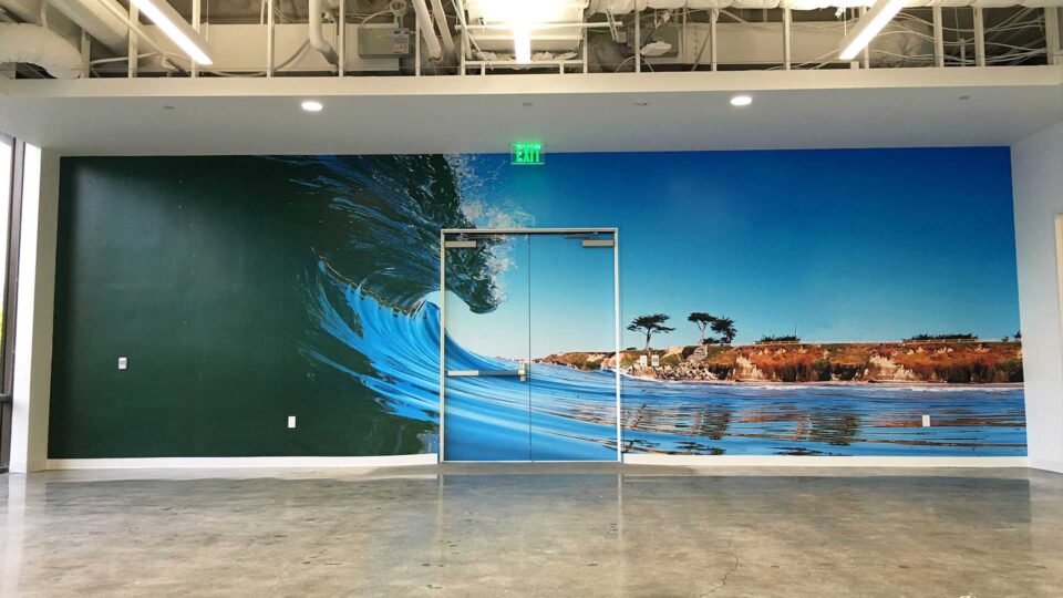 large wave and shore wall graphic for office at Rip Curl Surf