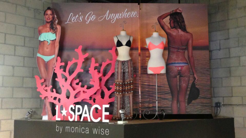 Router cut models in bikinis, coral, beach scenery and manikins with Lspace swimwear and clothing