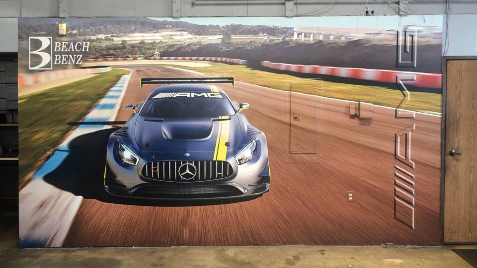 Wall graphic showing Mercedes AMG race car on track