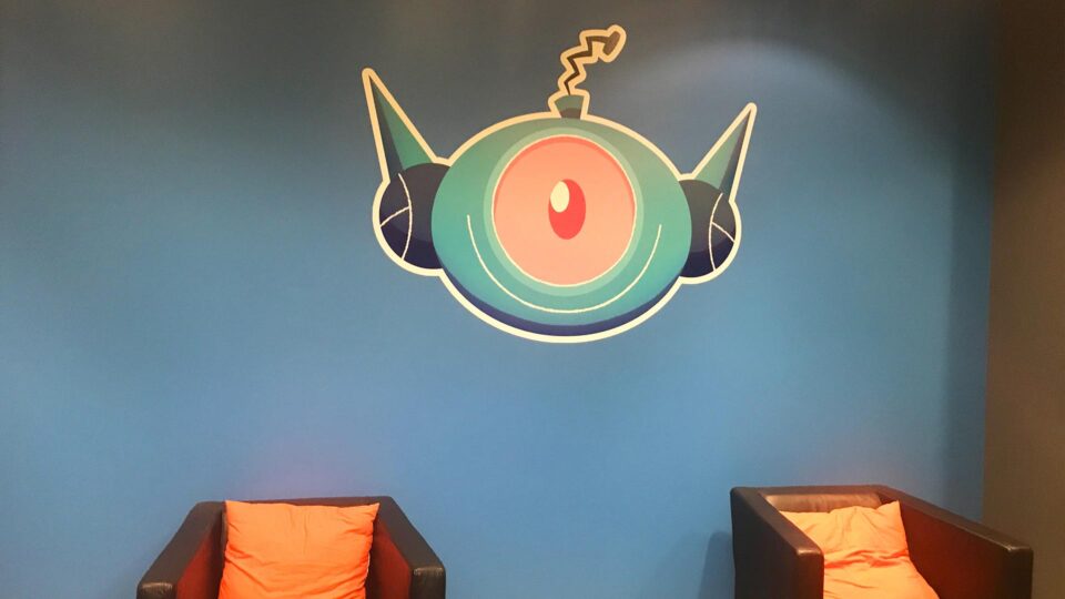 Space cartoon die cut wall graphic for retail store Oddbot