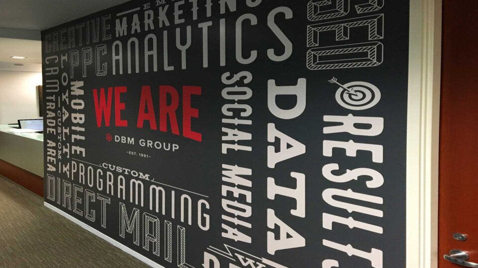 black, white and red text wall graphic about the DMB Groups services