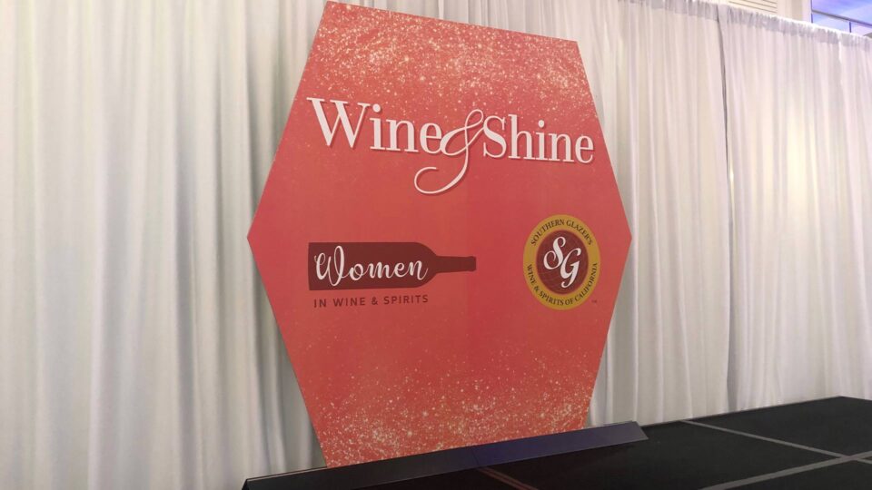 Pink gatorboard photo backdrop wall that says Wine & Shine with bottle in hotel.