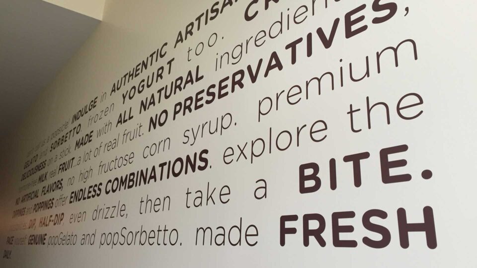 Brown die cut text wall decal with ingredients for Popbar Ice Cream