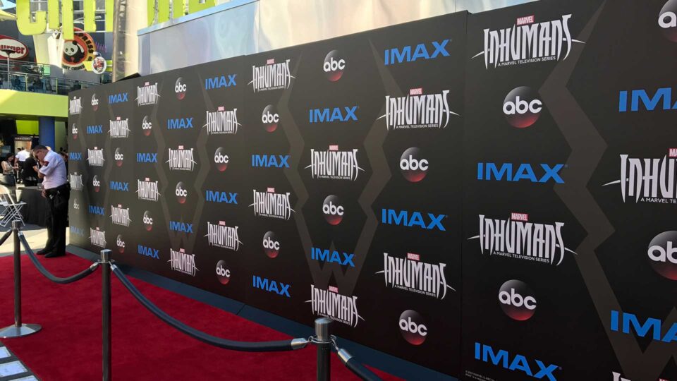 Black media wall on red carpet for imax, abc and marvel movie premiere