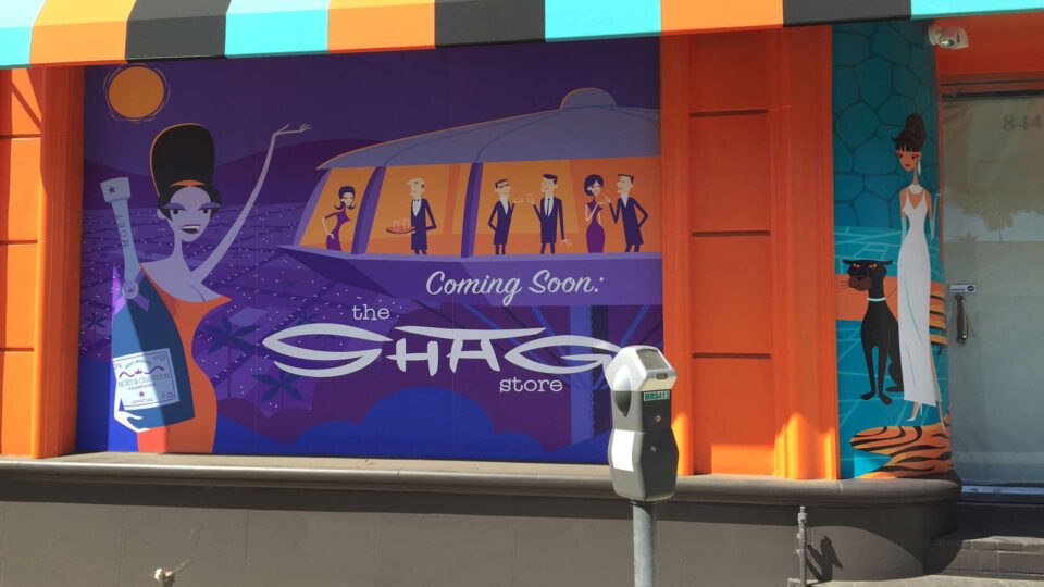 Bright purple, turquoise and orange graphics of cartoon characters in space age bar and woman with black cartoon cat for Shag Store