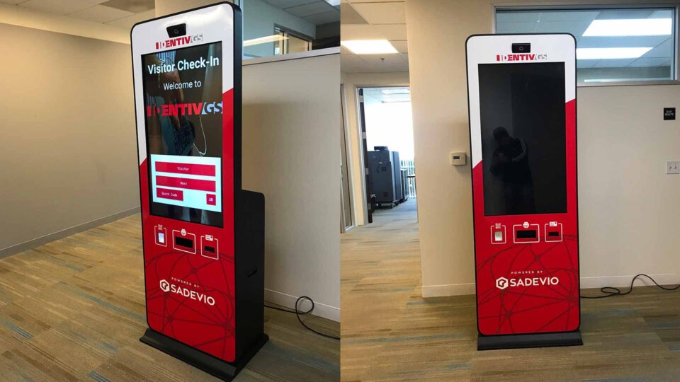 Red and white graphics on kiosk for Sadevio