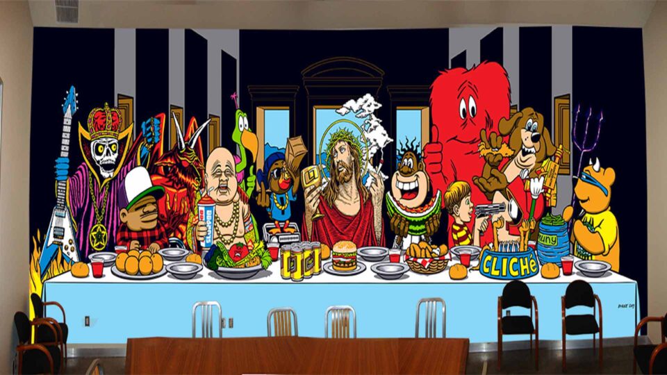 Colorfull wall mural of cartoon characters at Last Supper for Cliché Skateboards