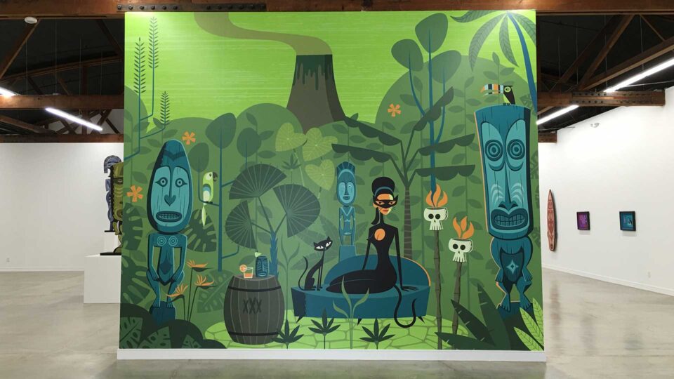 Vinyl wall mural at art show with Green jungle scene, skulls and womon on couch with cat for Shag
