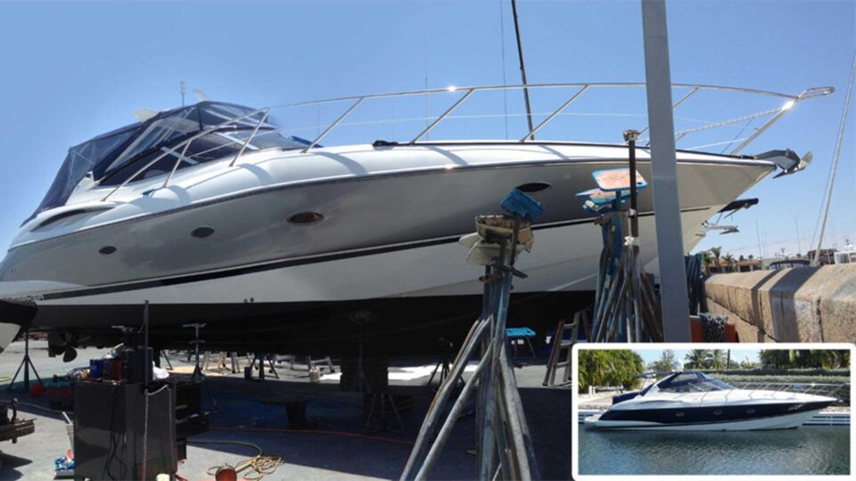 Sunseeker boat on blocks with gray blue stripe before and after boat wrap