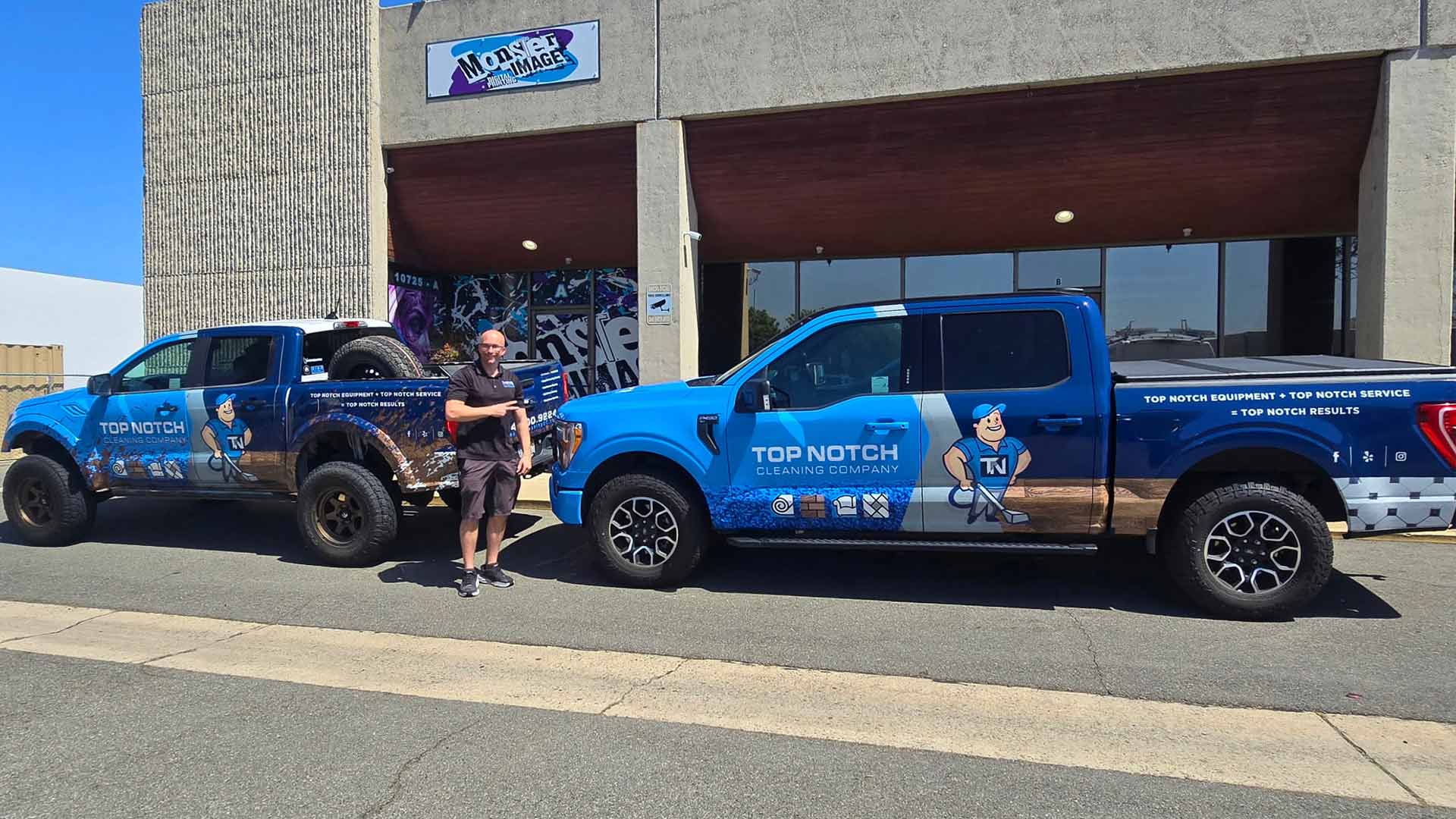 Blue background with character and services on two trucks for Top Notch Cleaning