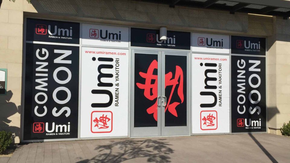 Red,white and black solid window graphics for Umi Ramen