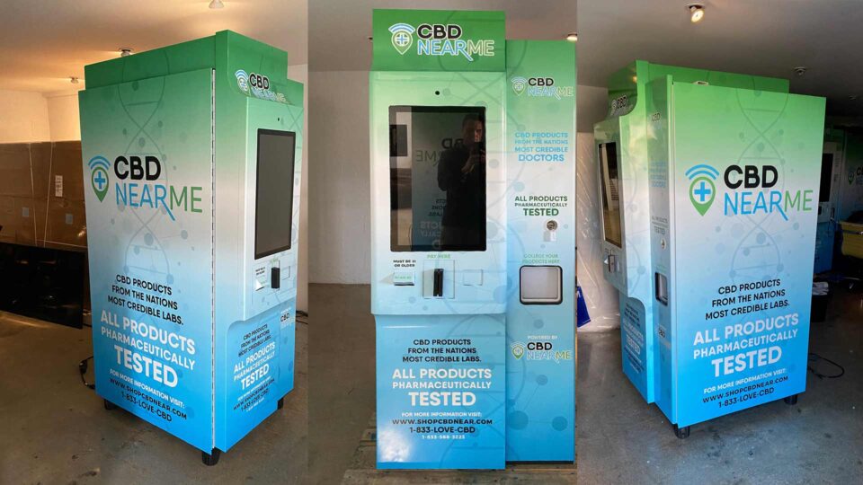 Vending machine vinyl wraps in green, white and blue gradient with CBD near me text and information