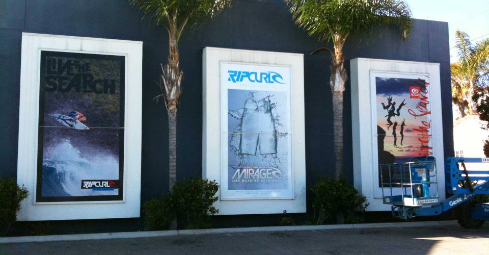 3 solid window graphics for Rip Curl featuring surfing, cliff jumpers and Mirage board shorts